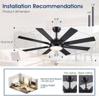 52 Inch Ceiling Fans with Lights and Remote/APP Control, Modern Ceiling Fan for Bedroom Living Room Patio Porch Indoor Outdoor, 6 Speeds, Reversible Quiet Motor, 8 Wood Blades, Black