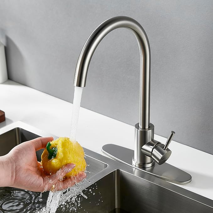 Single Handle High Arc Brushed Nickel Kitchen Faucet Stainless Steel Commercial Single Hole Kitchen Sink Faucet, Modern One Hole Bar Sink Faucet with Deck Plate