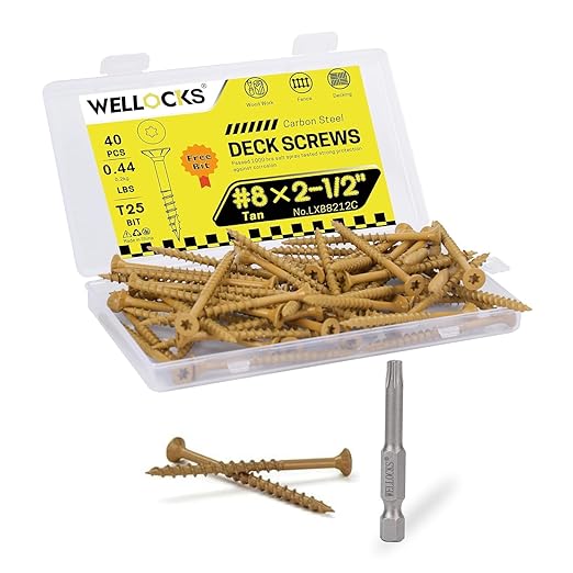 WELLOCKS Deck Screws, Wood Screws, Tan, Superior Rust Resistant, Epoxy Coated, Above 1000 Hour Salt Spray Coating T25 Torx Star Bit Included for Outdoor Wood Fence (Trial Size 0.44LBS, #8×2-1/2")