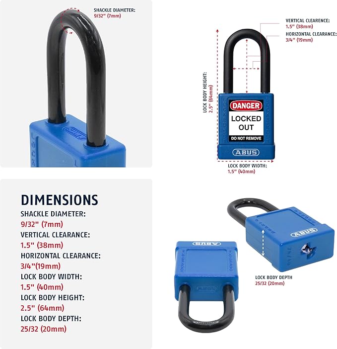 ABUS Blue Pack of 10 Lockout Tagout Premium Solid Body Safety Padlock Set - OSHA Compliant Loto Locks Insulated Against Electric Shock, Keyed Different, 1 Key Per Lock