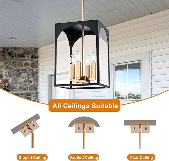 VINLUZ Outdoor 4 Lights in Black and Brushed Brass Finish, Metal Indoor Outdoor Pendant Hanging Lantern Lighting with Clear Glass Shade for Balcony Dining Room