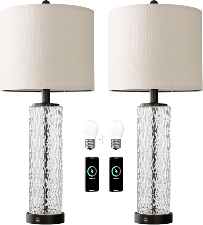 Oneach 27.75” Table Lamps Set of 2, Black Modern Bedside Lamp with LED Night Light, USB A+C, Glass Lamps for Living Room, Bedroom, Nightstand, Office, End Table (2 Bulbs Included)