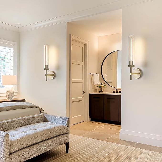 Modern Brass Hardwired Wall Sconces, 21'' Knurled Bathroom Wall Sconce, Indoor Wall Sconce,Copper and Tube Glass Vanity Light, for Living, Bedroom, Hallway, Staircases, Include Bulbs