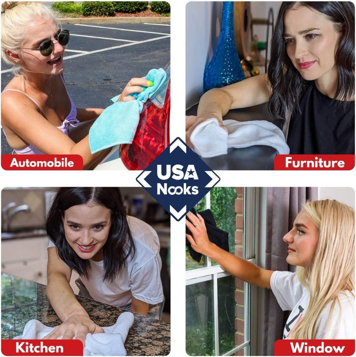 USANOOKS Microfiber Cleaning Cloth - 12Pcs 12.5x12.5 inch High Performance - 1200 Washes, Ultra Absorbent Towels Grip Root Weave Grime & Liquid for Streak-Free Mirror Shine.