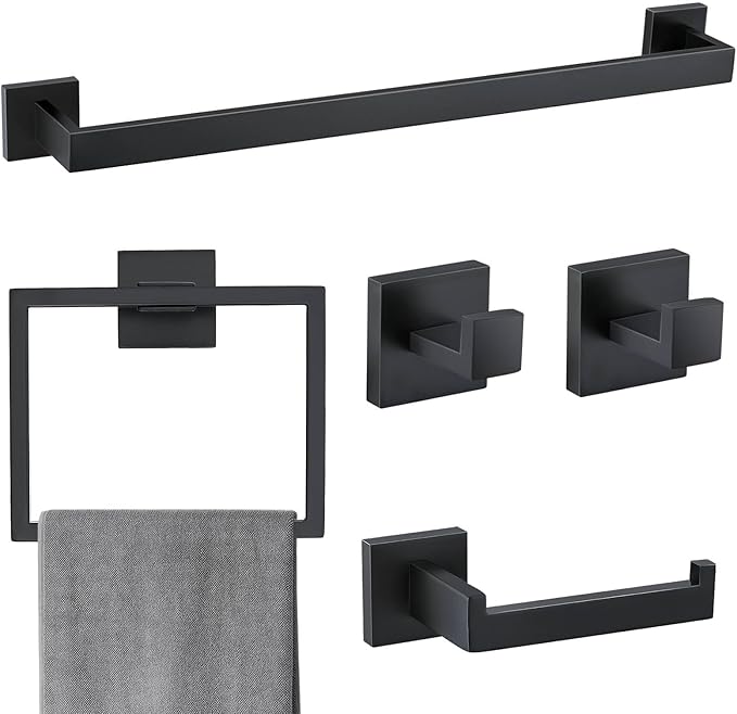 5 Pieces Bathroom Hardware Accessories Set Matte Black Towel Bar Set Towel Holder Racks Set for Bathroom,SUS304 Stainless Steel,Wall Mounted 23.6-Inch
