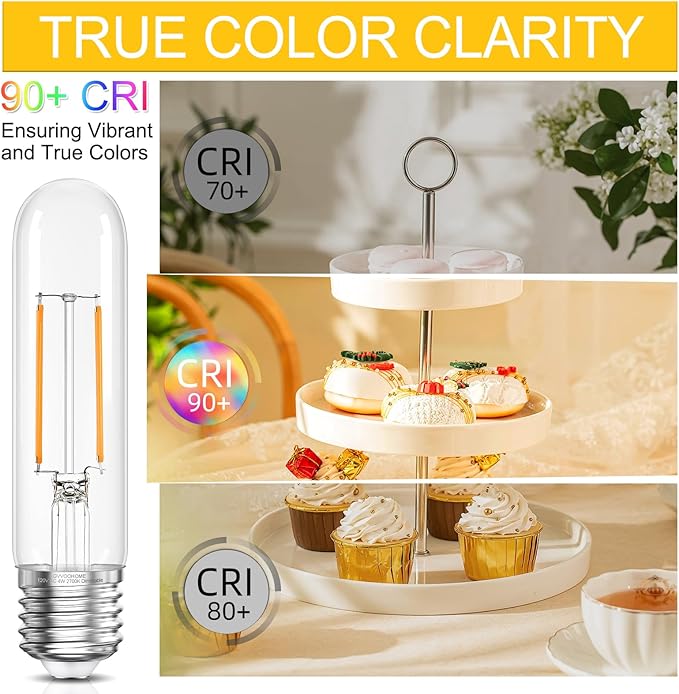 Tubular LED Edison Bulb Dimmable 2700K Warm White, 4W, 40 watt Equivalent, E26 LED Light Bulbs, T10 Edison Bulbs for Chandeliers, Ceiling Fan, 90+CRI 400LM, 6 Pack