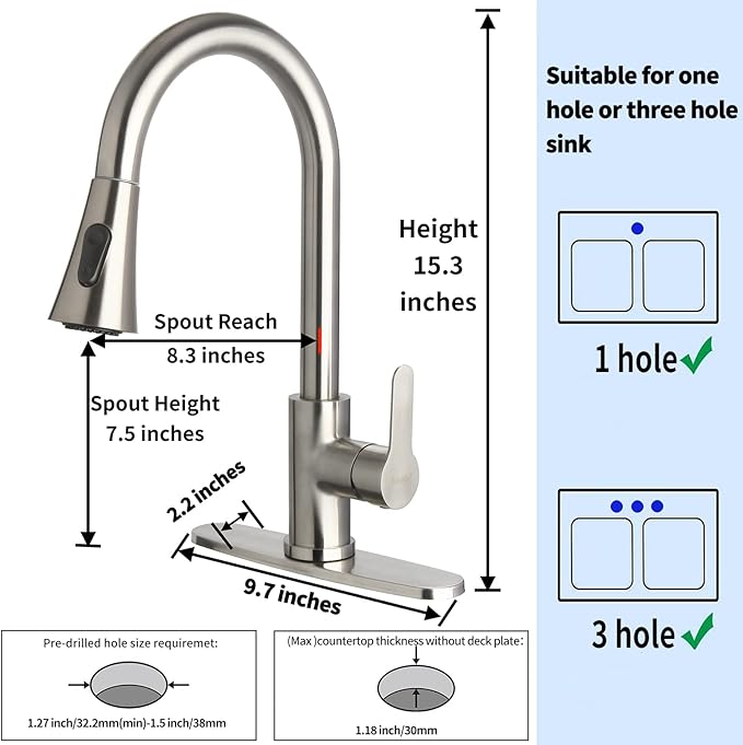 Single Handle Kitchen Faucet with Pull Down Sprayer Modern Stainless Steel Arc Kitchen Faucet Brushed Nickel, Commercial Kitchen Sink Faucet with Deck