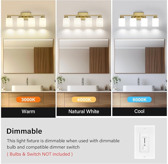 Brushed Gold Bathroom Light Fixtures, 4-Light Modern Vanity Light Over Mirror, Wall Sconces with Milky White Frosted Glass Shades, E26 Socket (Bulbs Not Included)