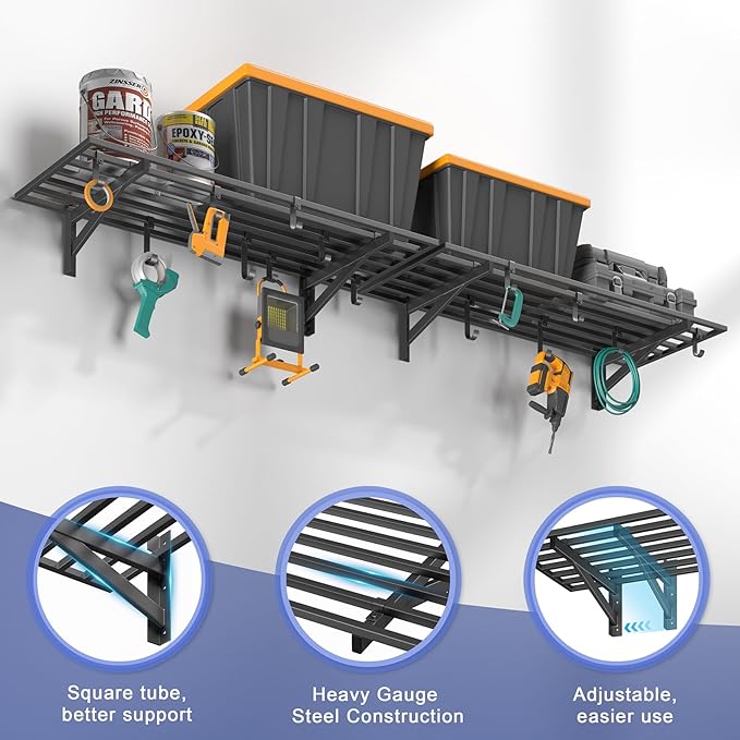 4-Pack 1.5x4ft Garage Shelving Wall Mounted, 1.5 x 4' Heavy Duty Garage Storage Shelves with Hooks, 800LB Capacity