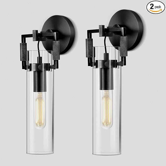 Black Indoor Wall Sconces Set of Two, 15'' knurled Brass Cylinder Sconces, Modern Clear Glass Bathroom Vanity Light, for Living Room, Bedrooms, Hallway, Fireplace, Staircases, Include Bulb
