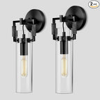 Black Indoor Wall Sconces Set of Two, 15'' knurled Brass Cylinder Sconces, Modern Clear Glass Bathroom Vanity Light, for Living Room, Bedrooms, Hallway, Fireplace, Staircases, Include Bulb