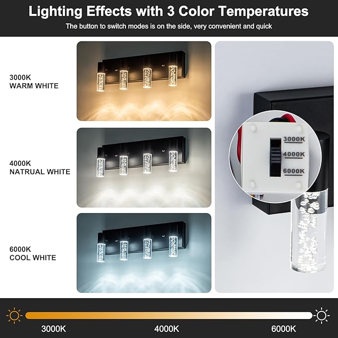 4-Light LED Vanity Light Fixture in Black - Modern Bathroom Lighting, Over Mirror Illumination | Multicolor Temperature 3000K/4000K/6000K | Stylish Bathroom Dec