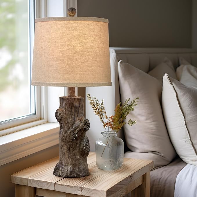 OYEARS 23"Resin Table Lamps for Living Room Set of 2 Country Cottage Farmhouse Lamp for Bedroom Tree Trunk Wood Grain with Oatmeal Fabric Round Shade Vintage Rustic Traditional Nightstand Bedside Lamp
