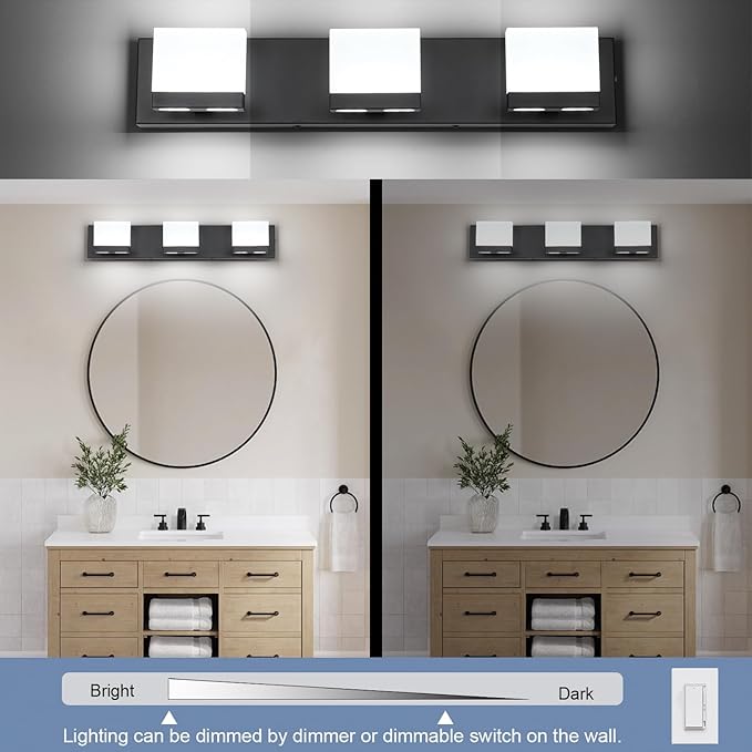 SineRise LED Modern Bathroom Vanity Light Fixtures (3-Light, 24-Inch, 5CCT), Matte Black Modern Acrylic Bathroom Wall Lighting Fixtures Over Mirror (3000K/3500K/4000K/5000K/6000K)