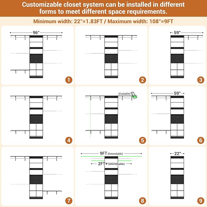 Closet System - 4.75-8FT Closet Organizer System with Wooden Drawers & Cube Storage Organizer, Up To 96" Closet Systems for Nursery & Walk-In Closets with Cuttable Hanging Shelving, Black