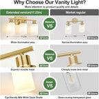 3-Light Bathroom Light Fixtures, Brushed Gold Vanity Light with Milky White Shades, Bathroom Lighting Fixtures Over Mirror, Modern Bathroom Wall Lamp for Mirror Living Room Cabinet Bedroom