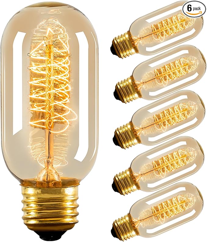 Edison Bulbs,6-Pack Vingtage Filament Light Bulb,T45 2700K Warm Light 40 Watt,110V-130V E26/E27 Base Dimmable Decorative Antique Screw Light Bulbs for Home Lighting Fixtures