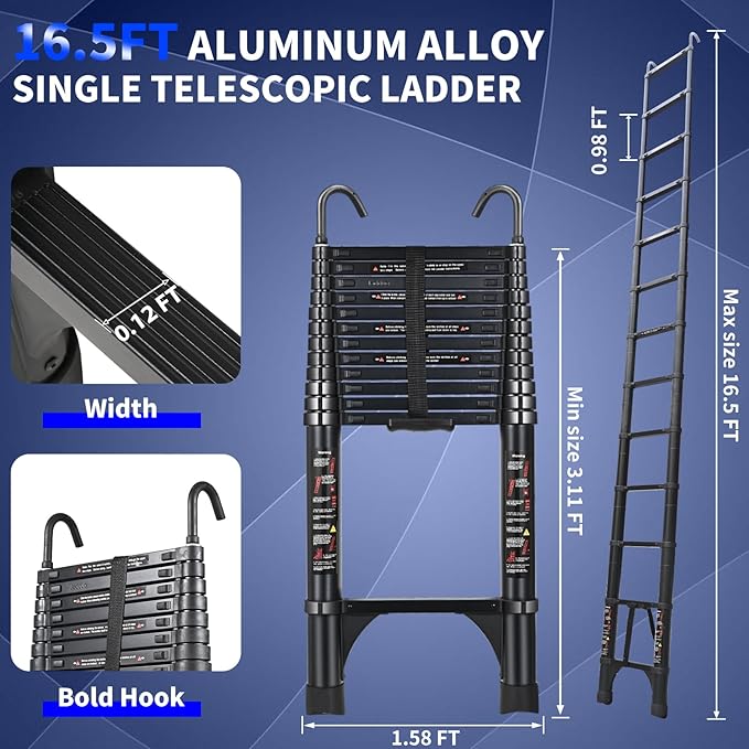 JADDUO 16.5FT Telescopic Ladder, Aluminium Black Telescoping Ladder with Non-Slip Feet and Stable Hook, Portable Extension Ladder for Household and Outdoor Working, Heavy Duty 330lbs Max Capacity