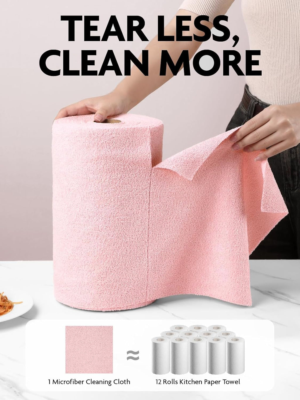 Fantasticlean Microfiber Cleaning Cloth Roll -40 Pack, Tear Away Microfiber Towels, 12" x 12", Reusable, Washable, Scratch Free, Ultra Absorbent Dishcloth for Car, Home Supplies, Pet, Kitchen (Pink)