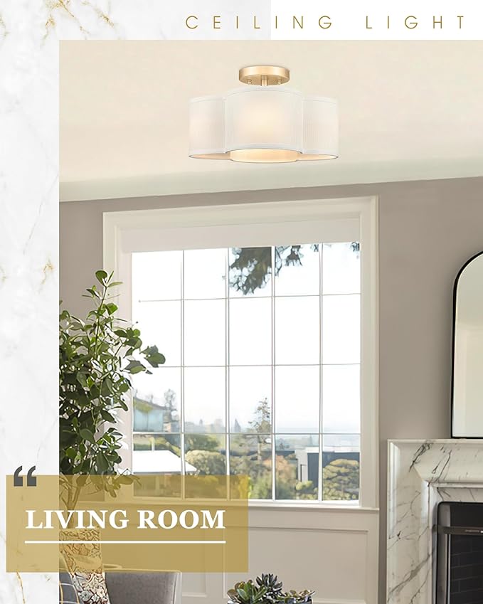 Gold Semi Flush Mount Ceiling Lights, 14" 4-Light Ceiling Light Fixtures with Fabric Shade in Quatrefoil Shape, Farmhouse Brass Drum Lighting for Kitchen Hallway Bedroom, AD-22007-4SF-GD