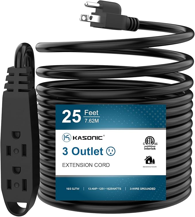 K KASONIC - 25-Feet 3 Outlet Extension Cord, UL Listed, 16/3 SJTW 3-Wire Grounded, 13 Amp 125 V 1625 Watts, Multi-Outlet Indoor/Outdoor Use, Black