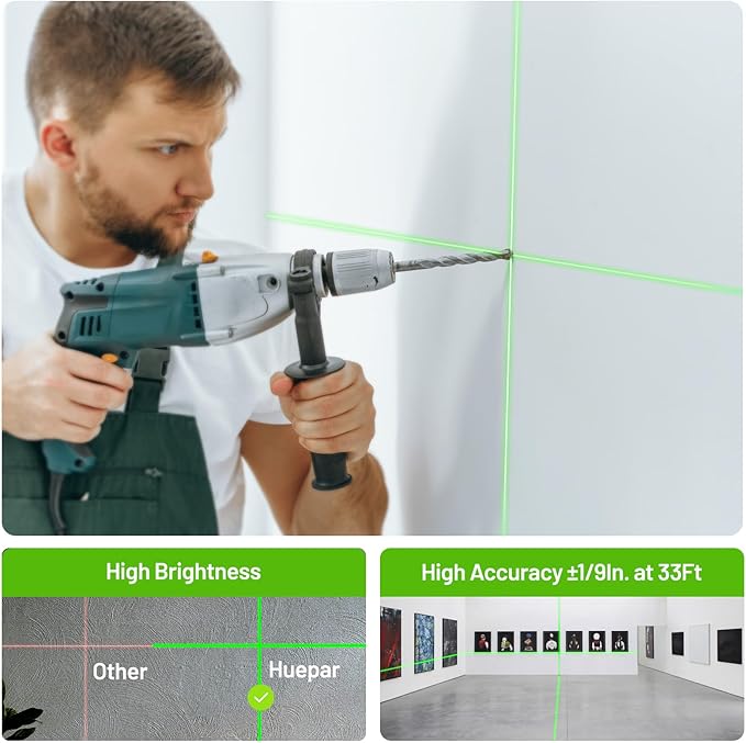 Laser Level with Clamp, HUEPAR 98Ft Self Leveling Laser Level Green Line Laser Cross Line Laser Leveler Tool for Picture Hanging, Tile, Home Renovation, Indoor Project, Battery&Carrying Bag Included