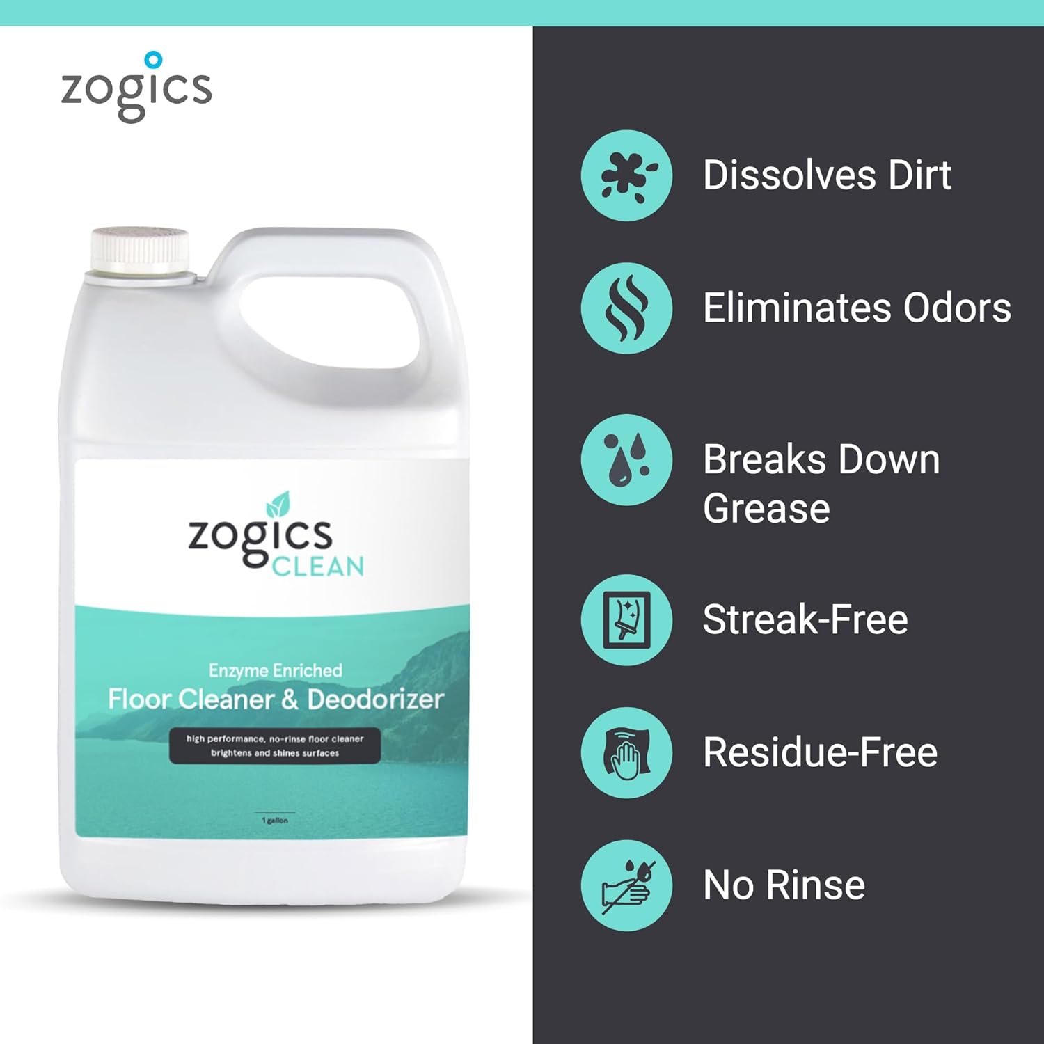 Zogics Enzyme Enriched Floor Cleaner & Deodorizer Concentrate, 128 oz - Makes up to 128 Gallons