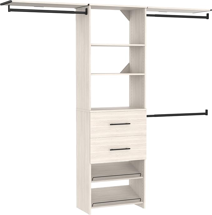 ClosetMaid SuiteSymphony 25-Inch Closet System Tower with (3) Hang Rods, (2) Drawers, (2) Angled Shoe Shelves, and (2) Top Shelves, White Timber
