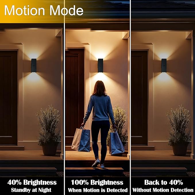 2 Pack Motion Sensor Outdoor Wall Lights, Dusk to Dawn Up & Down Sconces with E26 Dimmable LED Bulbs, Black Aluminum Porch, Patio, Garage,Front Door Lighting Fixtures, ETL Listed