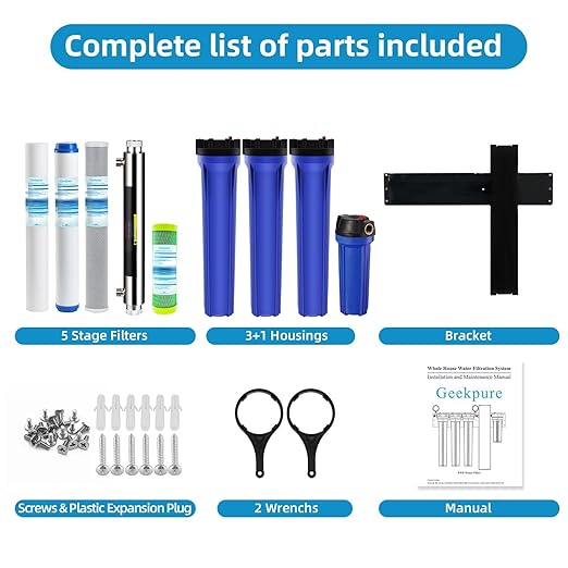 Geekpure 5 Stage Whole House Water Filter System with 2.5 x 20 5 Micron PP Sediment + Carbon Filters and 6 GPM UV