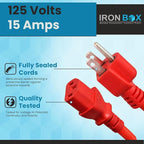 IronBox Electric - Heavy-Duty 5-15P to C13 Power Cord - 3 Prong 15A 125V 14/3 SJT PC Cable - Cord for Computer, Monitor, Subwoofer, Amplifier - Cable for Power Supply - (Red 2 Foot)