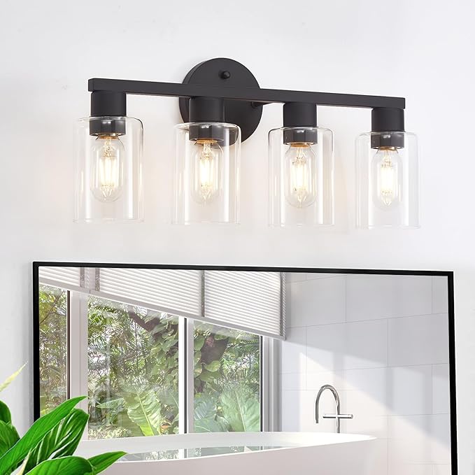 4 Light Bathroom Vanity Light, Matte Black Bathroom Light Fixtures with Clear Glass Shade, 4-Light Vanity Lights, Black Lighting Fixtures for Bath Mirror Bedroom Living Room Hallway Porch