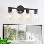4 Light Bathroom Vanity Light, Matte Black Bathroom Light Fixtures with Clear Glass Shade, 4-Light Vanity Lights, Black Lighting Fixtures for Bath Mirror Bedroom Living Room Hallway Porch