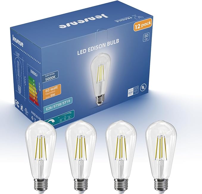 Jensense Edison LED Light Bulbs 8Watt Dimmable Edison Bulbs 5000K Daylight White, E26 LED Bulb 60watt Equivalent, LED Vintage Bulbs 800lm CRI 90 Clear Glass 12 Packs