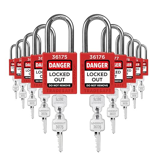 TRADESAFE Lockout Tagout Locks Set - 10 Red Loto Locks, Lockout Locks Keyed Different, 2 Keys Per Lock, OSHA Compliant Lock Out Tag Out Padlocks, Safety Padlocks for Electrical Lockout Tag Out Kits
