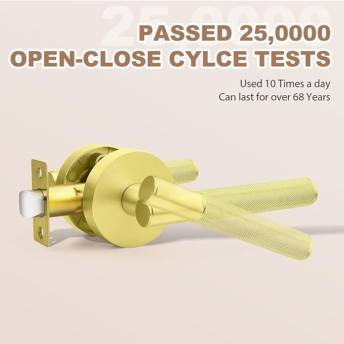 6 Pack Gold Interior Door Handles, Passage Door Lever Without Lock, Modern Round Knruled Door Knobs for Closet and Hall, Reversible Non-Locking Handle Lever