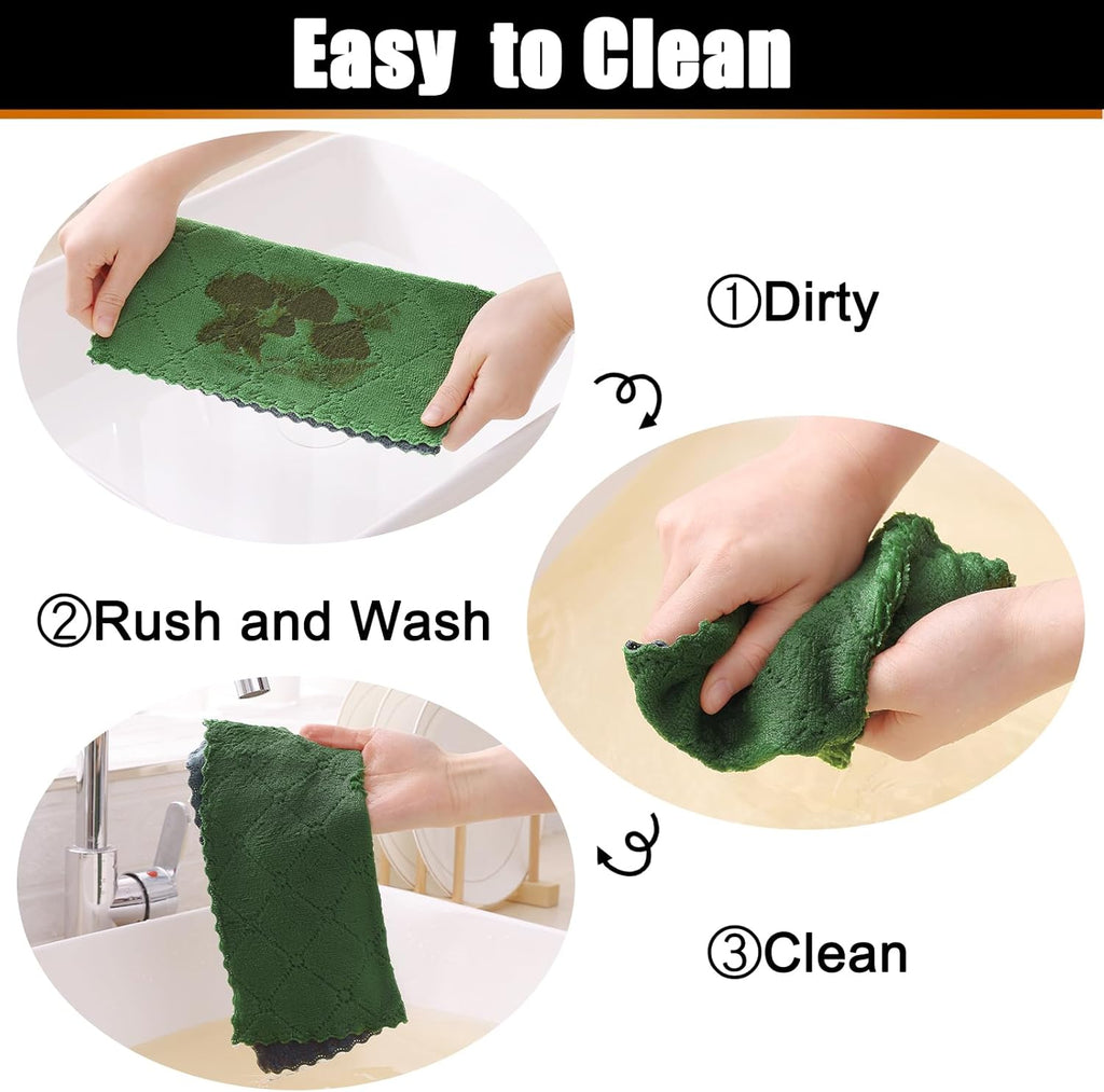 Mordimy 24 Pack Kitchen Cloths Dish Towels (10" x 10", Dark Grey & Grass Green), Super Soft and Absorbent Dish Cloths, Coral Velvet Microfiber Cleaning Cloth, Nonstick Oil Fast Dry Dishcloths