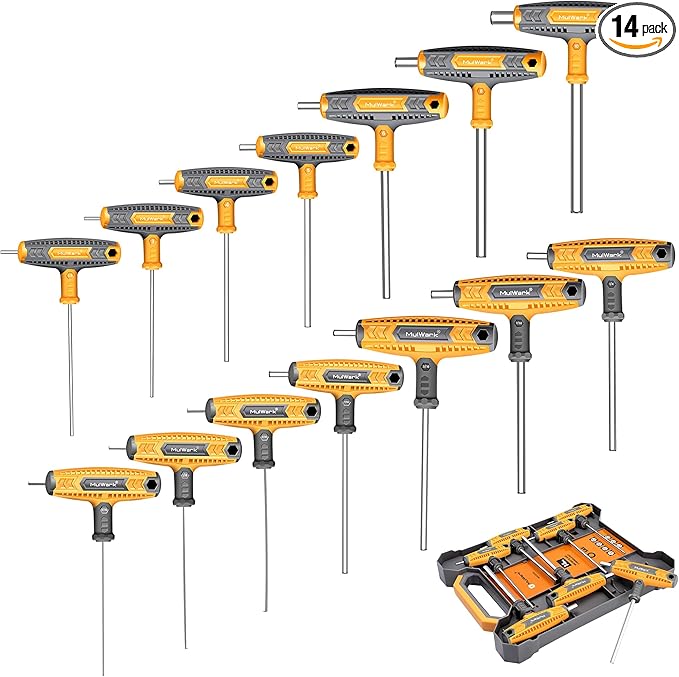 MULWARK 14 PC T-handle Allen Wrench Set Metric and Standard with T Handle Hex Key and Long Hex Driver Set |Christmas Gift|Wall-Mounted Storage Box, Clear Marking, Two-Tip Design, and Chamfered Tips