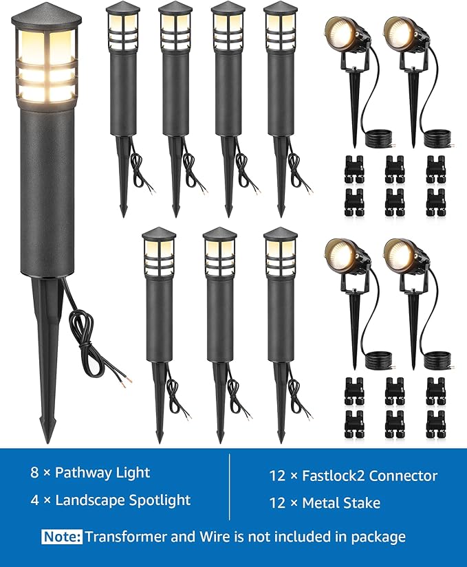 SUNVIE 12-Pack Low Voltage Landscape Lighting Kit LED Bollard Pathway Lights Wired with Spotlights for Garden, Path, Yard, Patio, Cast-Aluminum, IP65 Waterproof, 12-24V AC/DC, 3000K Warm White, Black