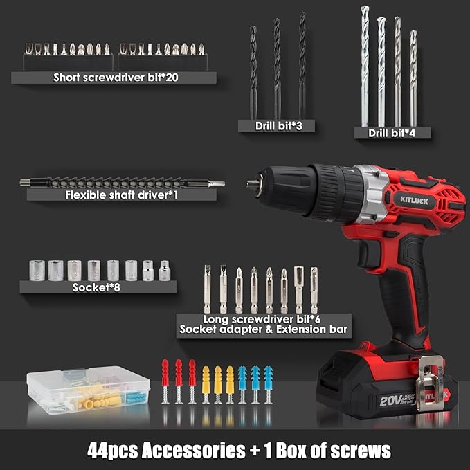 KITLUCK Cordless Drill Set, 20V Power Drill Kit Electric Drills with 2 X 2.0AH Battery, 44pcs Bits, 1 Box Screws, Bubble Level, 3/8'' Chuck Power Drill, 32NM, 21+3 Position, 2 Variable Speed