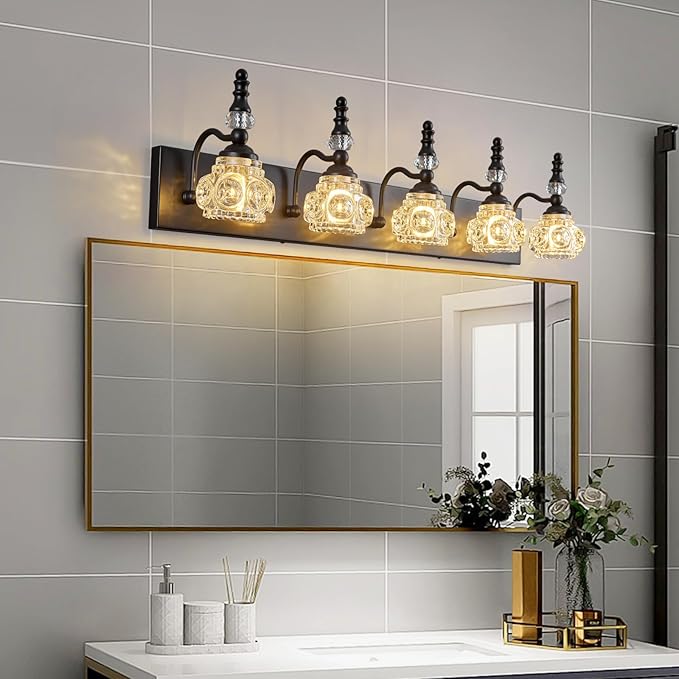 Modern Crystal Bathroom Vanity Light Black Vintage Bathroom Light Fixtures 5-Lights Glass Crystal Vanity Lights