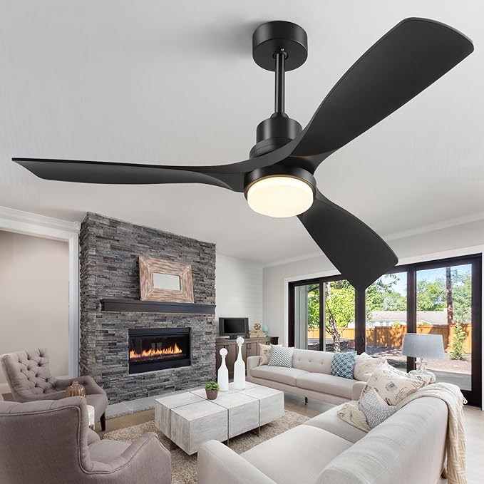 60 Inch Ceiling Fans with Lights Remote, Black Ceiling Fan with 3 Downrods, 3 Wood Blades, ETL Listed, Timer, 6 Speed Quiet Reversible DC Motor Outdoor Fans for Patios Bedroom Farmhouse