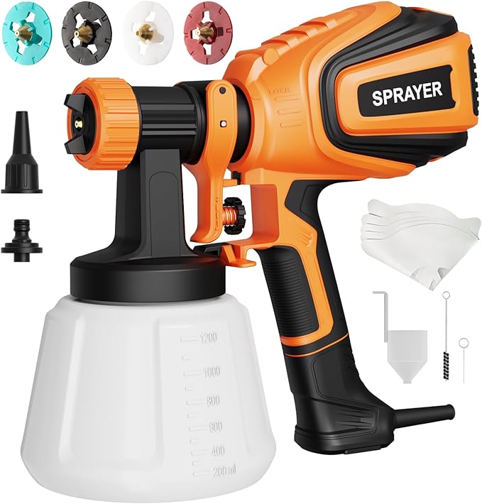 Paint Sprayer, 700W HVLP Spray Gun with Cleaning & Blowing Joints, 4 Nozzles and 3 Patterns, Easy to Clean, for Furniture, Cabinets, Fence, Walls, Door, Garden Chairs etc. VF803 Orange