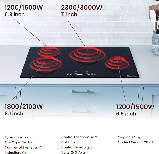 Rangaire RCI301S 30" Induction Cooktop, 8100W, 4 Burners, Built-in Stove Top, Booster & Timer, 9 Power Levels, Slide Touch Control, Child Safety Lock, 240V Hard Wire, Ceramic Surface
