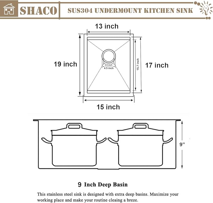SHACO 15x19 Inch Black Undermount Bar Sink, Ledge Workstation Small Kitchen Sink, Black Stainless Steel RV Kitchen Single Bowl Wet Bar Prep Sink with Dish Grid & Drain & Cutting Board