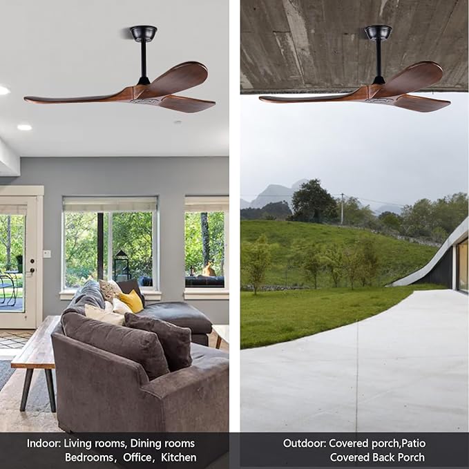 60" Ceiling Fan, No Light & Remote Control - Quiet 3 Blade Wood Walnut, Suitable for Patios & Farmhouse