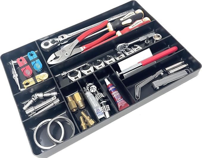 MLTOOLS Tool Drawer Organizer Tray - 10-Compartment Home & Garage Tool Tray - Stackable Workbench Toolbox Organization Holder for Small Parts, Batteries, Supplies - Made in The USA - OT10B Black