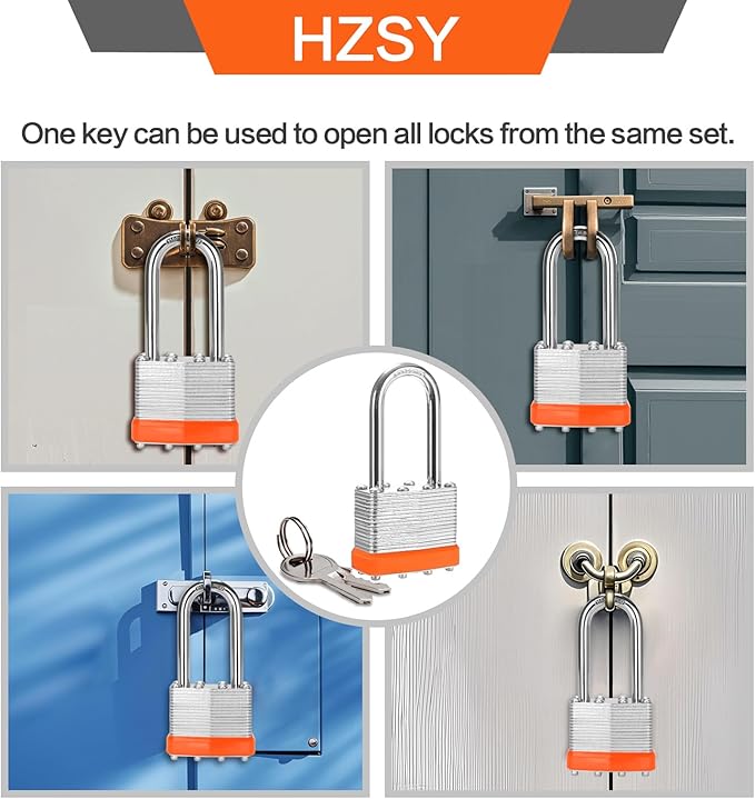 Padlocks Keyed Alike, Pack of 6, Laminated Steel Keyed Lock (1-9/16", 40mm), Padlocks with Same Key, Long Shackle, for Toolbox, Locker & StorageUnit or More