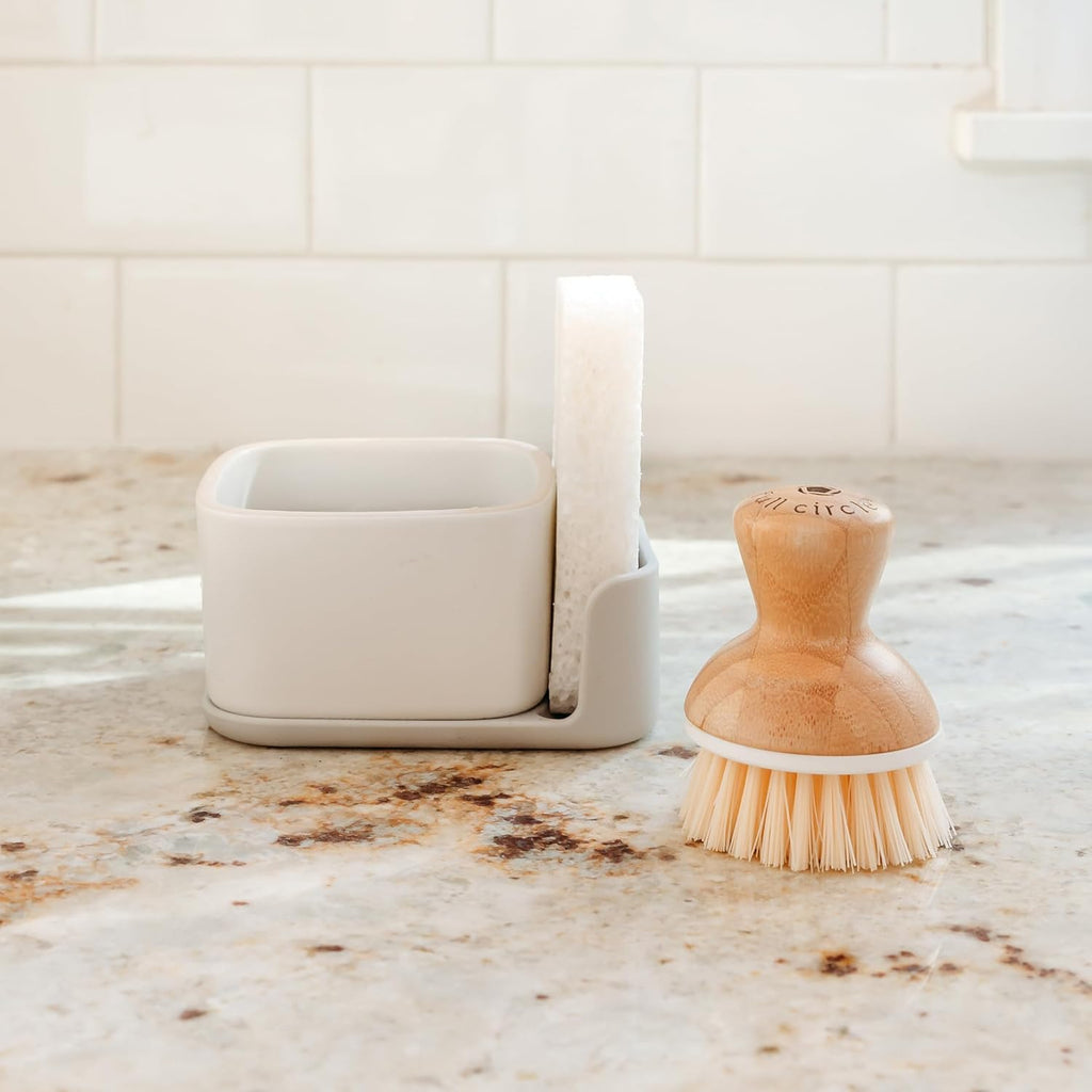 Full Circle Bubble Up Combo-Family Safe,Formaldehyde-Free-Gray Ceramic Soap Dish with Plant-Based Sponge & Bamboo Dish Brush-Versatile Kitchen Scrub Brush Set for Pots,Pans,Counter & Sink,White