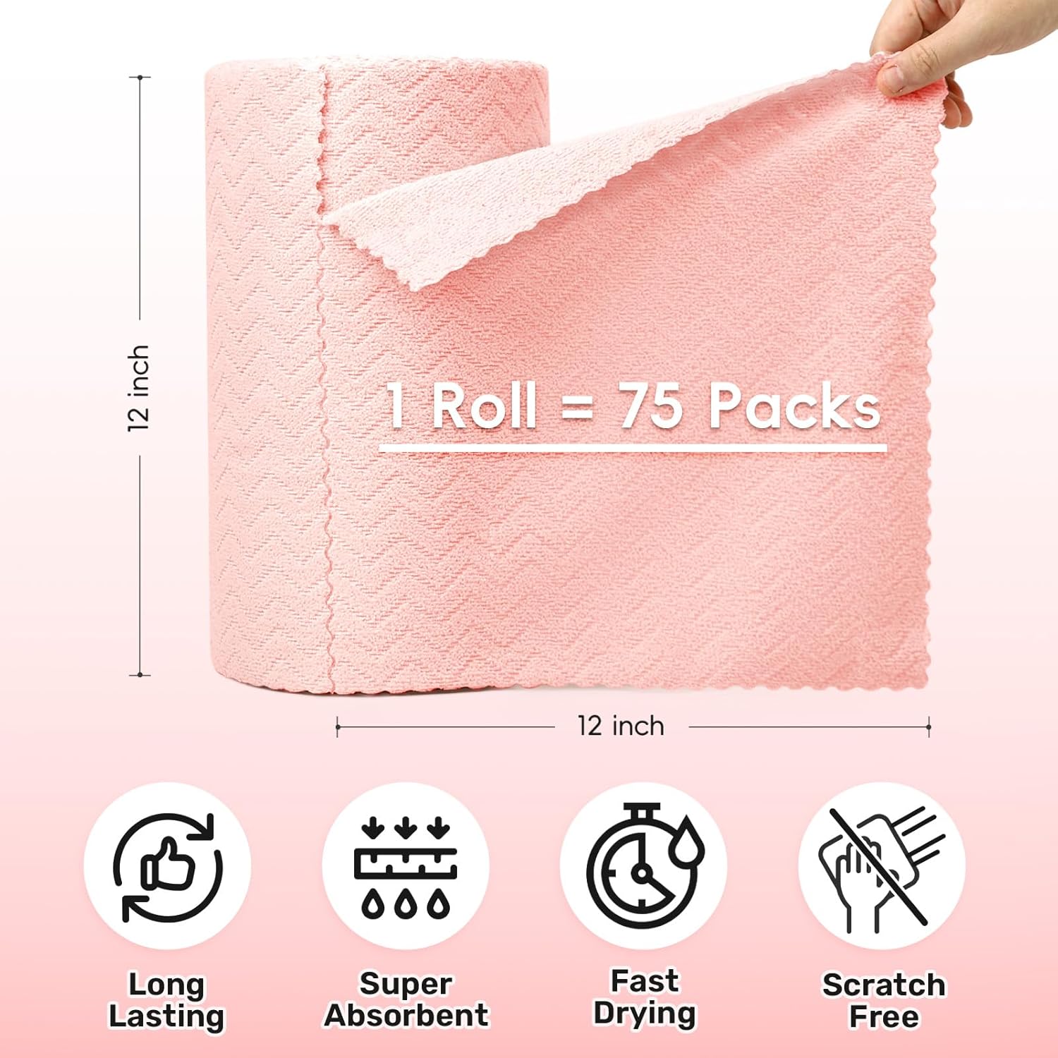 Microfiber Cleaning Cloths Roll, 75 Pack Tear Away Microfiber Towels Roll, 12" x 12" Lint Free Rags, Reusable Cleaning Cloths, Washable, Scratch Free,Ultra Absorbent Dish Rags(Pink Ripple)